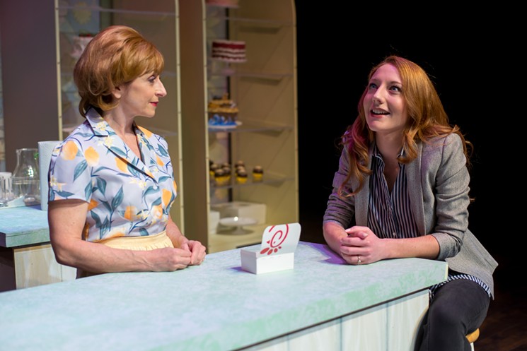 Irene Adjan as Della listens as Lexi Langs’ bride-to-be Jen reminisces in City Theatre’s The Cake.